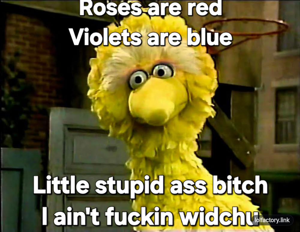 Big Bird Roses are red violets are blue stupid ass bitch